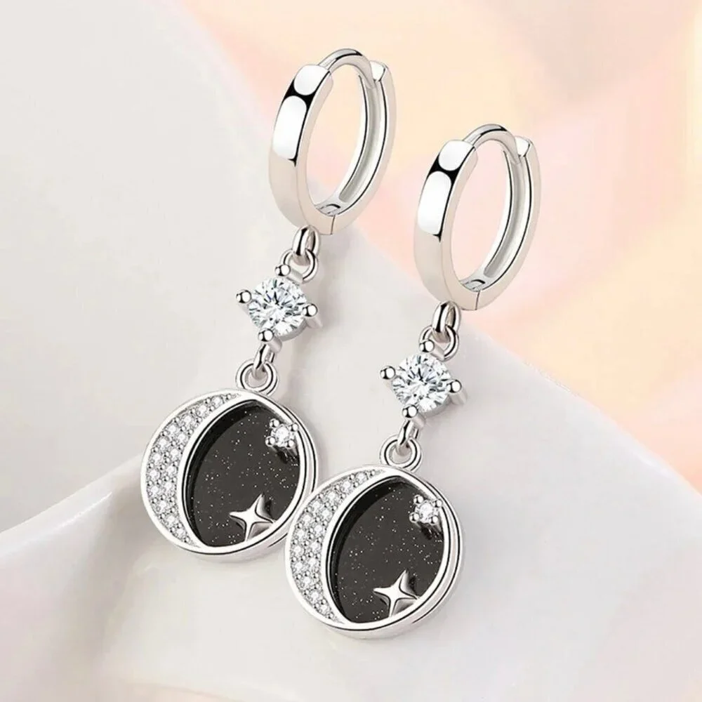 NWT Star Moon Dangle Drop Earrings S925 Sterling Silver CZ Enamel Celestial